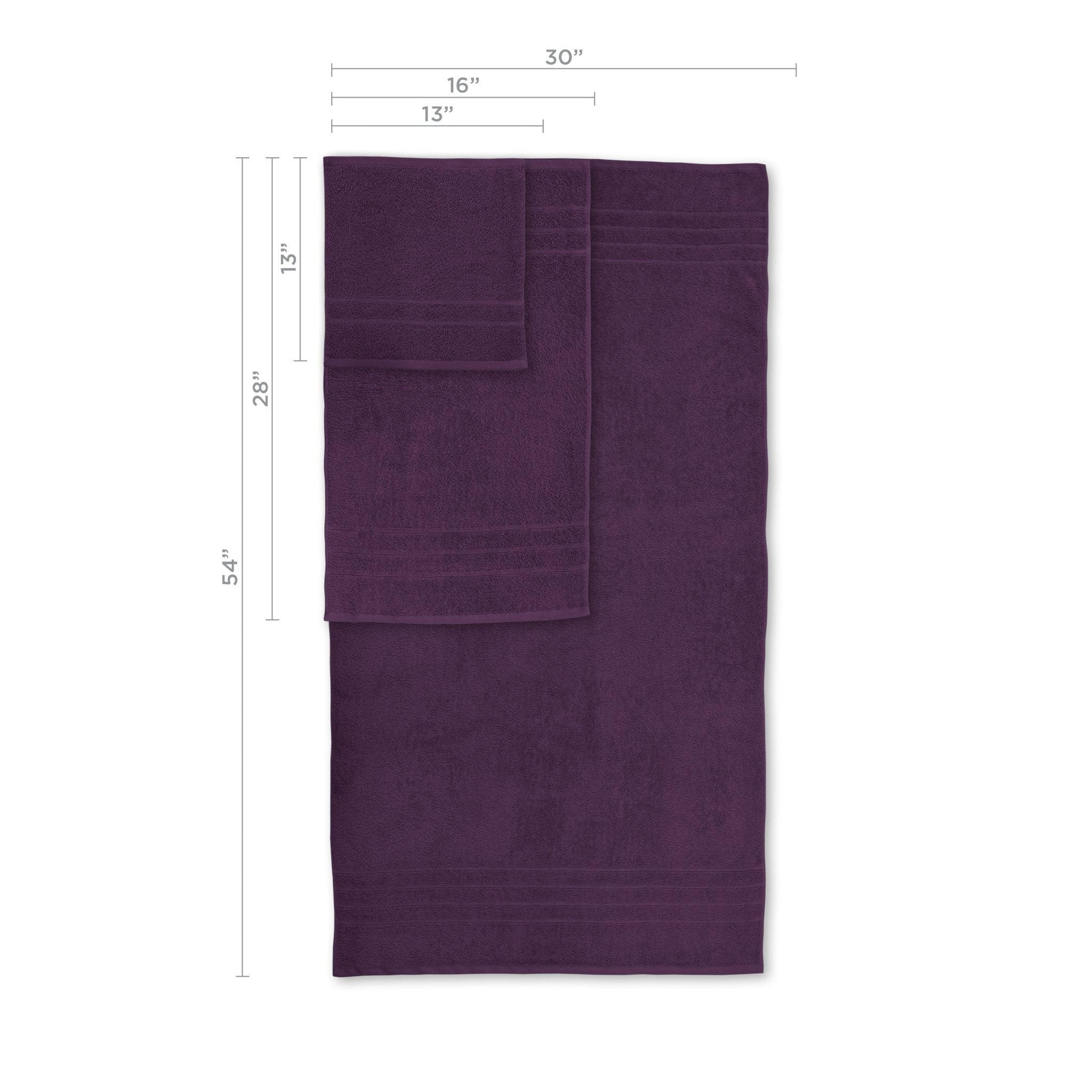 Purple towel with dimensions labeled on a white background
