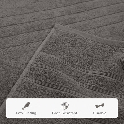 Gray bath mat with texture details and feature icons at the bottom