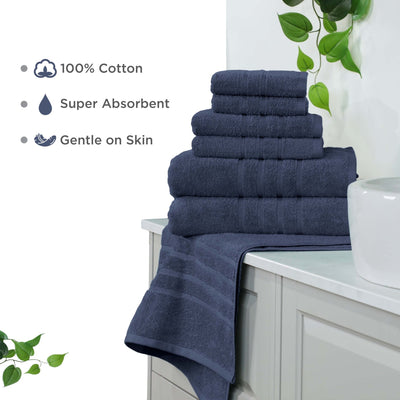 Set of estate blue towels on a bathroom counter with text highlighting features.