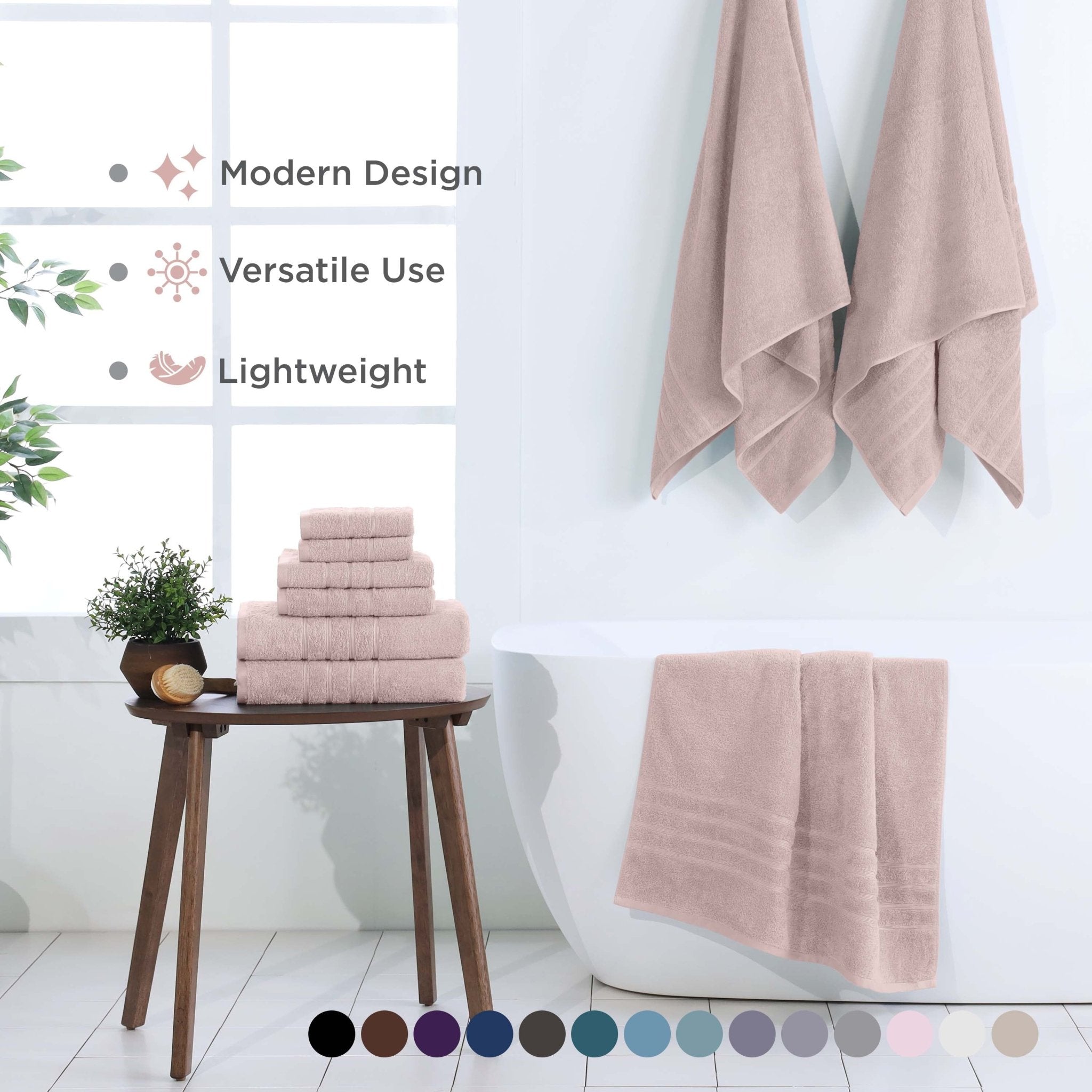 Set of pink towels displayed in a bathroom setting with text highlighting features.