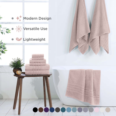 Set of pink towels displayed in a bathroom setting with text highlighting features.