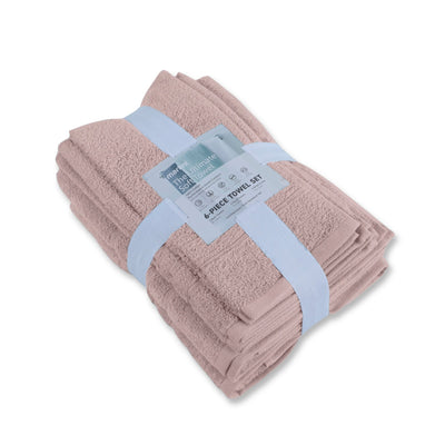 Set of pink towels wrapped with a label on a white background