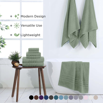 Sage towels displayed on a wooden stool and hanging on a white wall with text highlighting features.