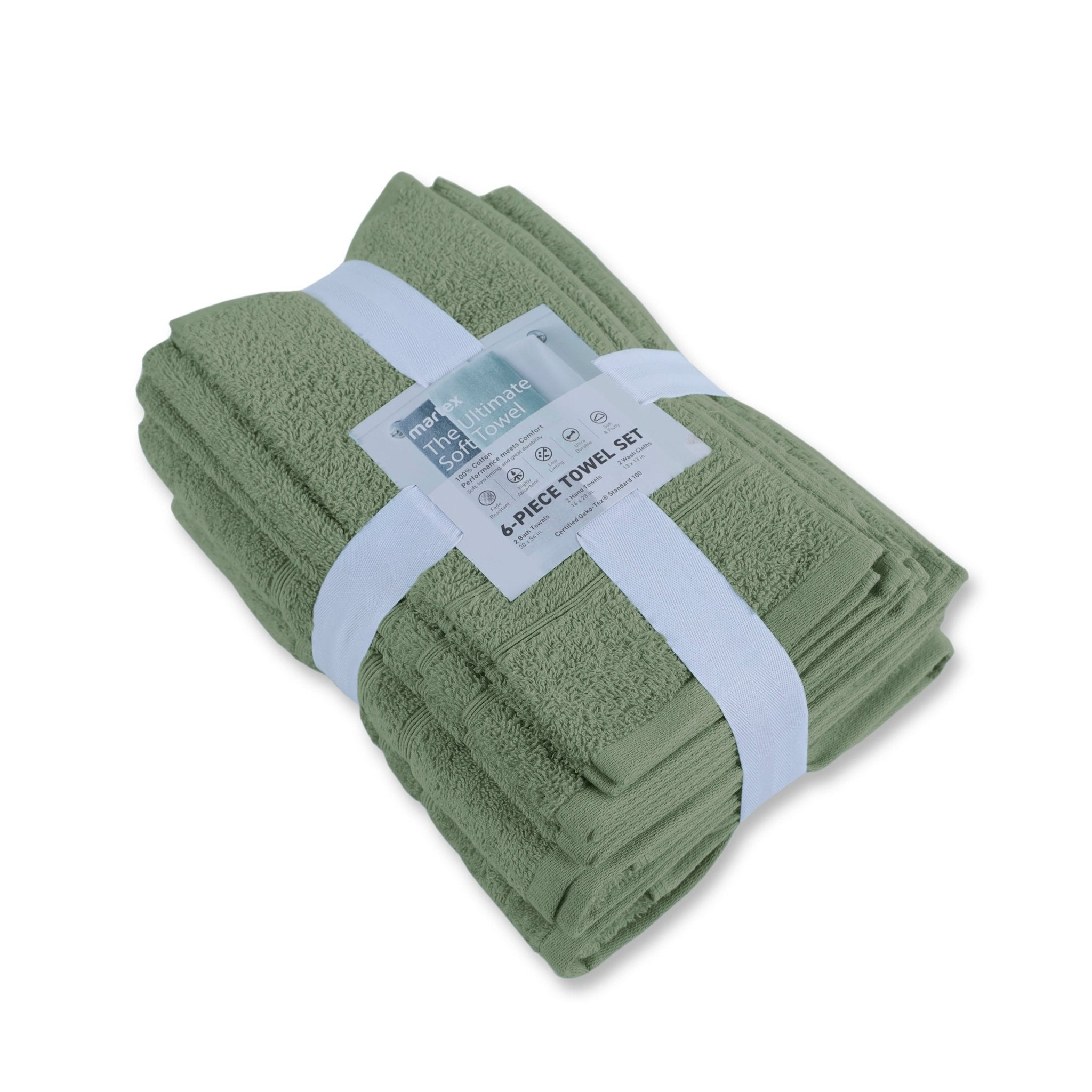 Set of Sage towels wrapped with a label on a white background