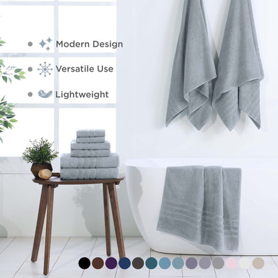 Spa Blue towels displayed on a wooden stool and hanging on a rack with text highlighting features.