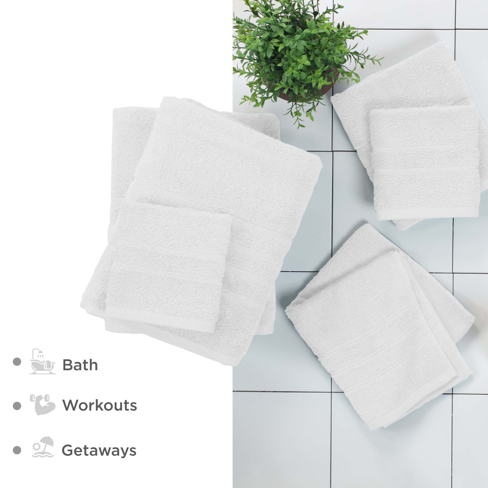 White towels on a tiled floor with a plant, labeled for bath, workouts, and getaways.