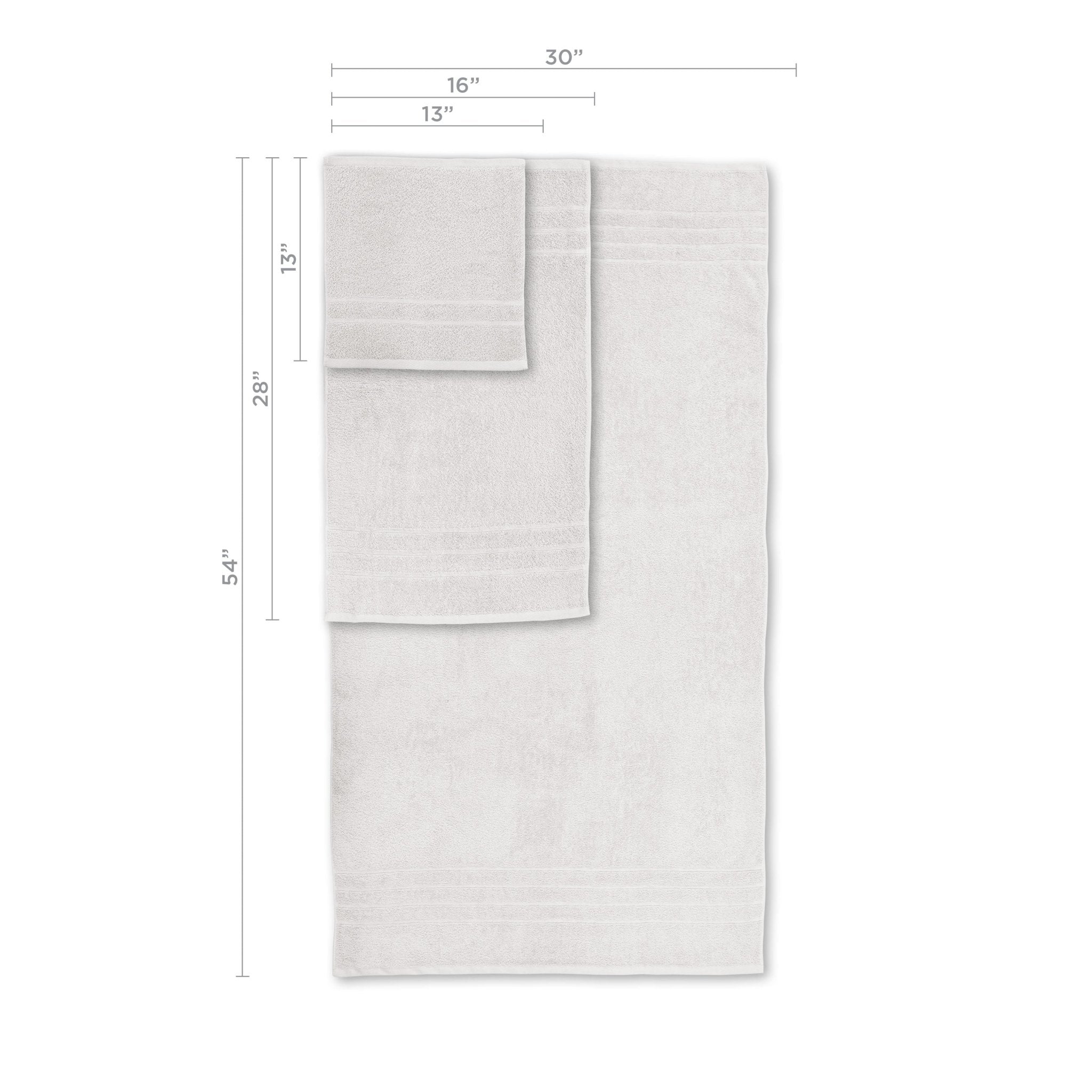 White towel set with dimensions on a white background