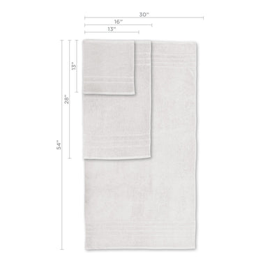 White towel set with dimensions on a white background