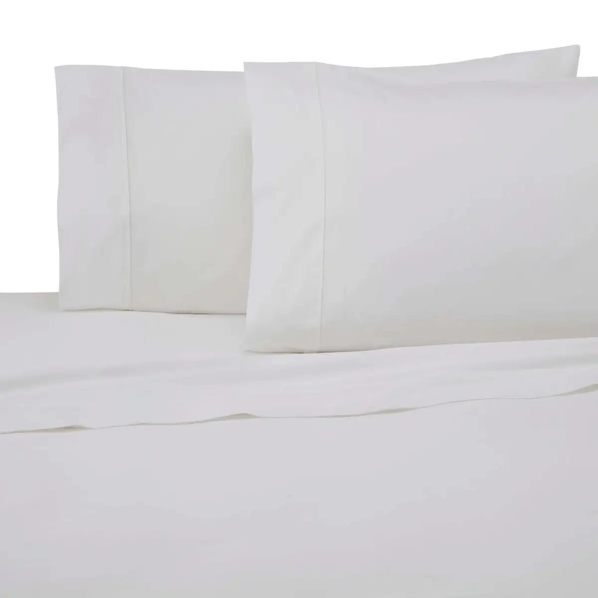 White bed sheet and pillowcase set on a bed against a white background.