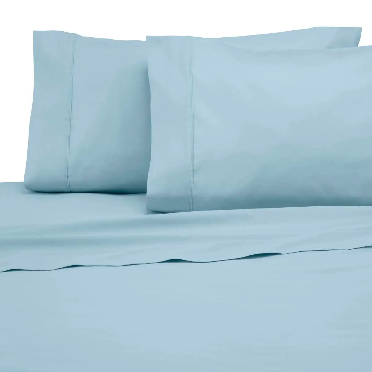 Light blue bedding set including a flat sheet and two pillowcases on a white background.