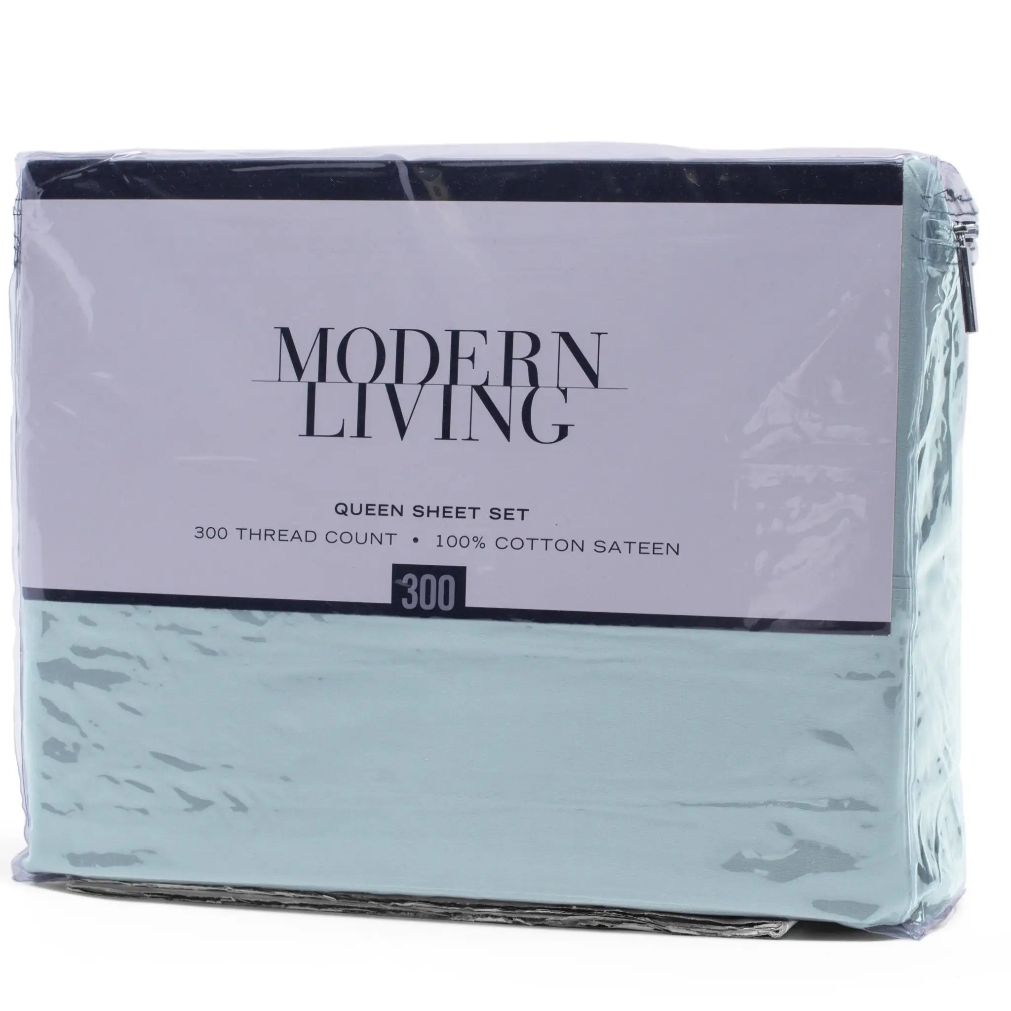 Packaged queen sheet set with 'Modern Living' branding on a white background