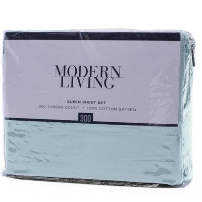 Packaged queen sheet set with 'Modern Living' branding on a white background