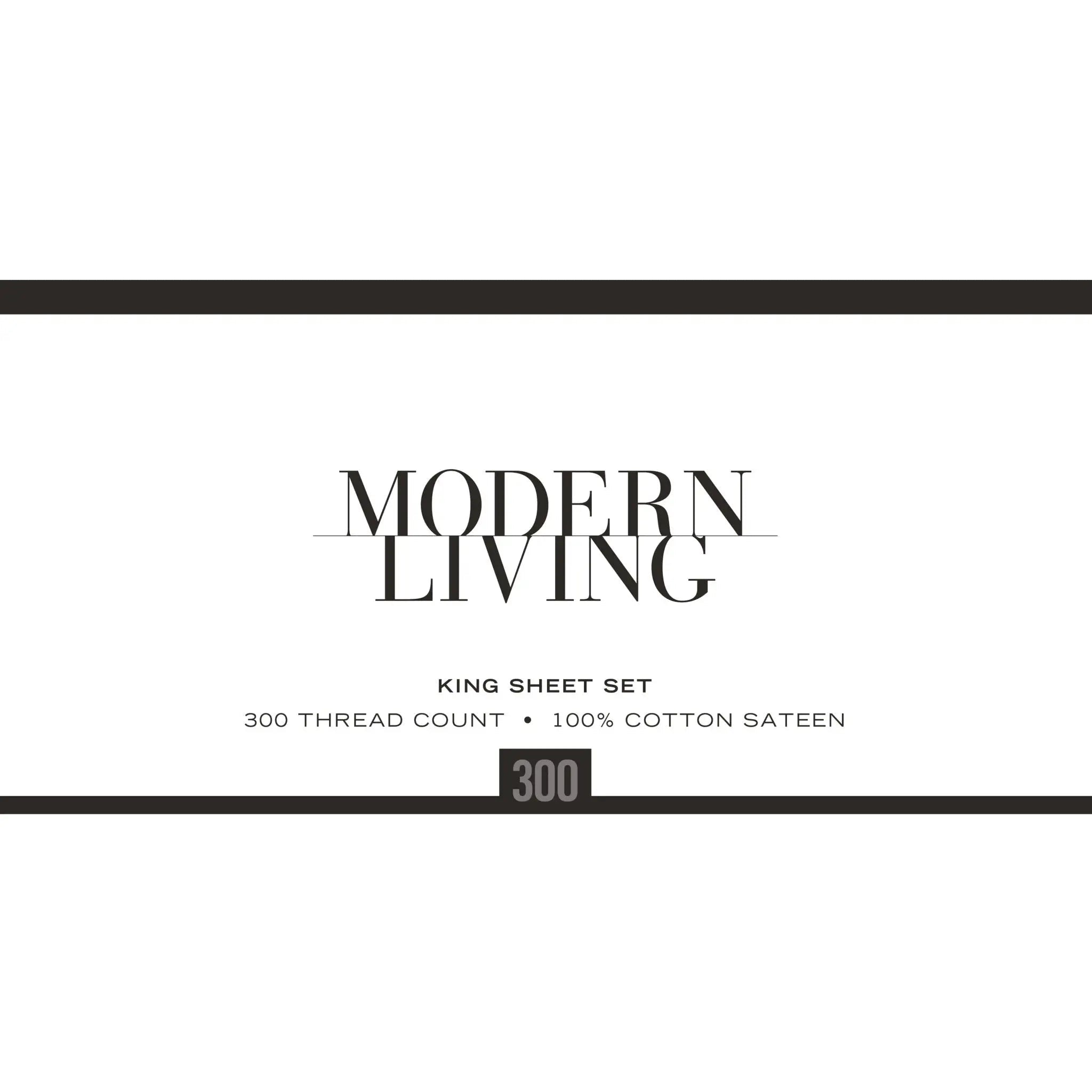Modern Living king sheet set packaging with text on a white background