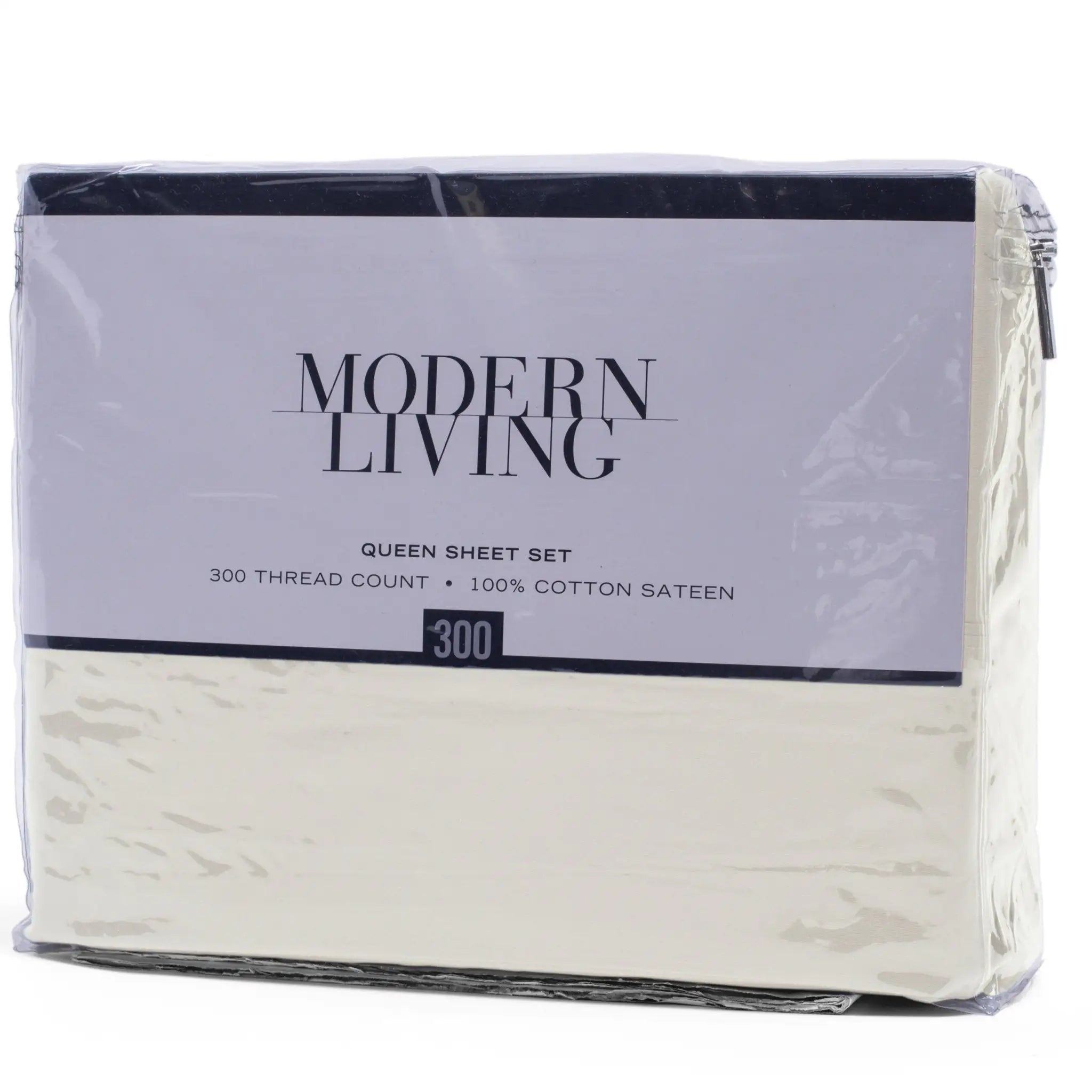 A packaged cotton sheet set by Modern Living, featuring a cream-colored sheet visible through clear plastic wrapping with a white and black label.