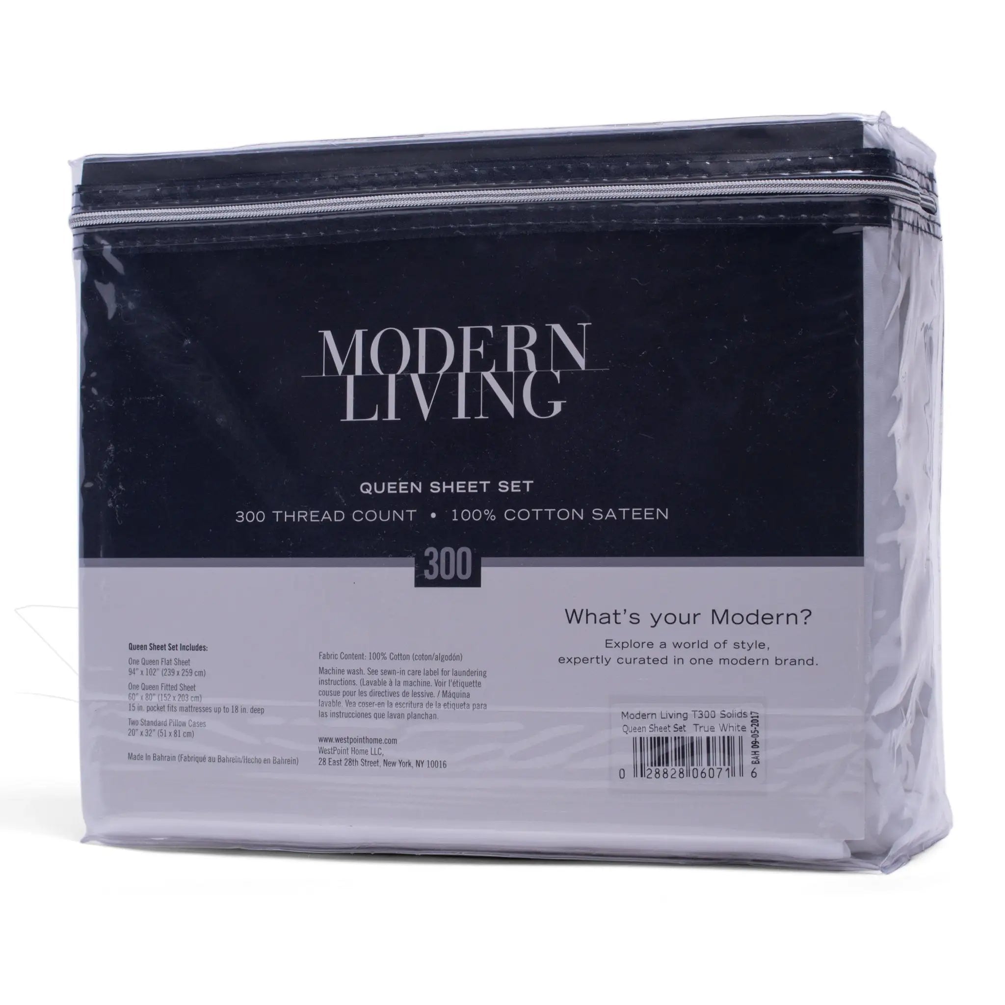 Packaged queen sheet set with 'Modern Living' branding on a white background