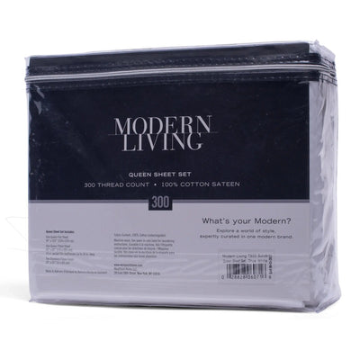 Packaged queen sheet set with 'Modern Living' branding on a white background