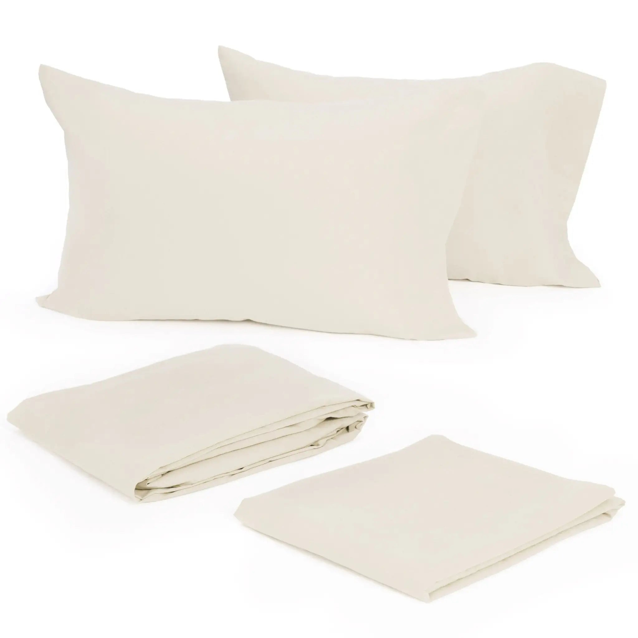 A bedding set consisting of two off-white pillowcases and two matching folded sheets, displayed on a clean white background.