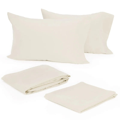 A bedding set consisting of two off-white pillowcases and two matching folded sheets, displayed on a clean white background.