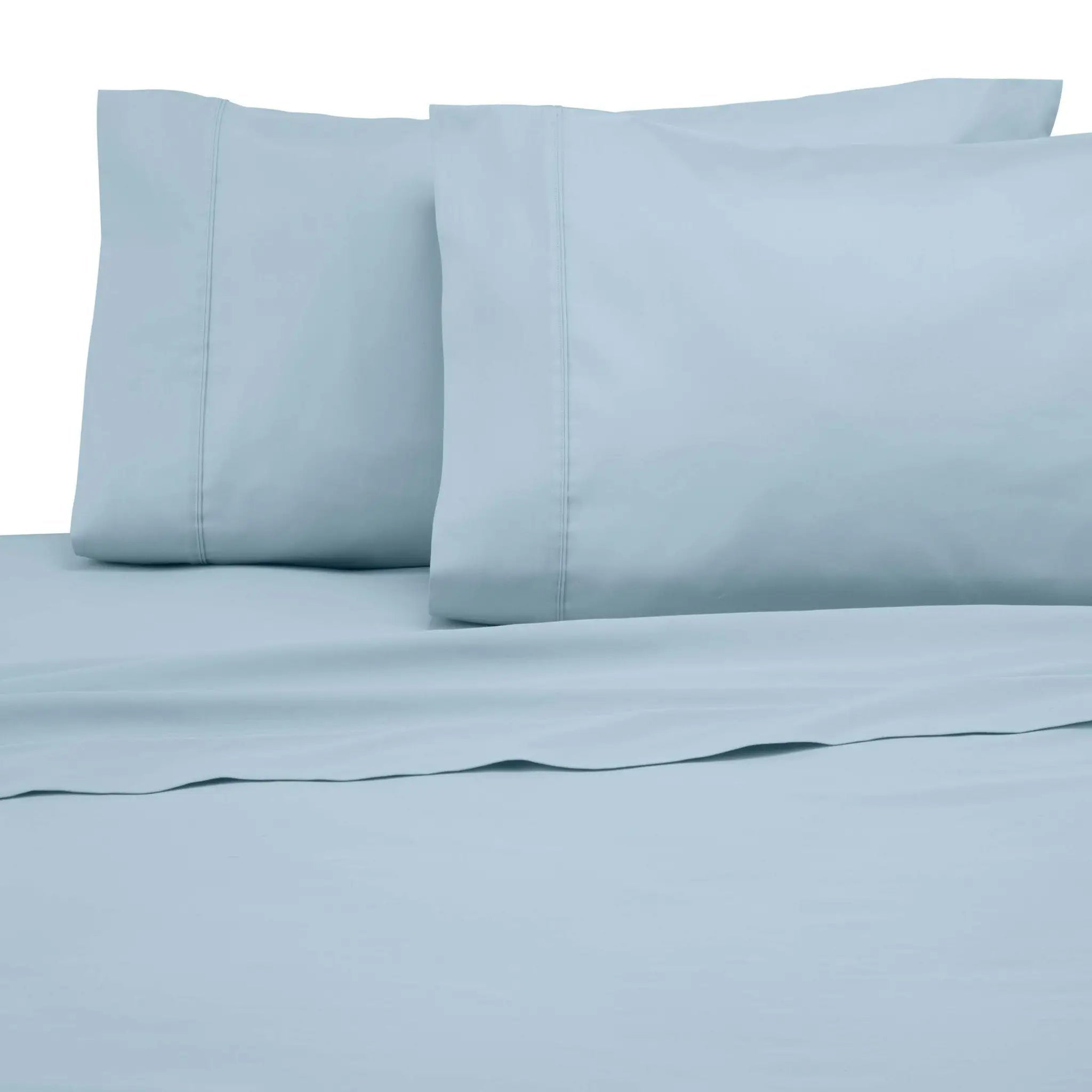 Light blue bedding set including two pillowcases and a matching sheet on a white background.