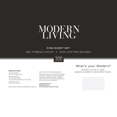 Advertisement for a modern living king sheet set with text and branding.