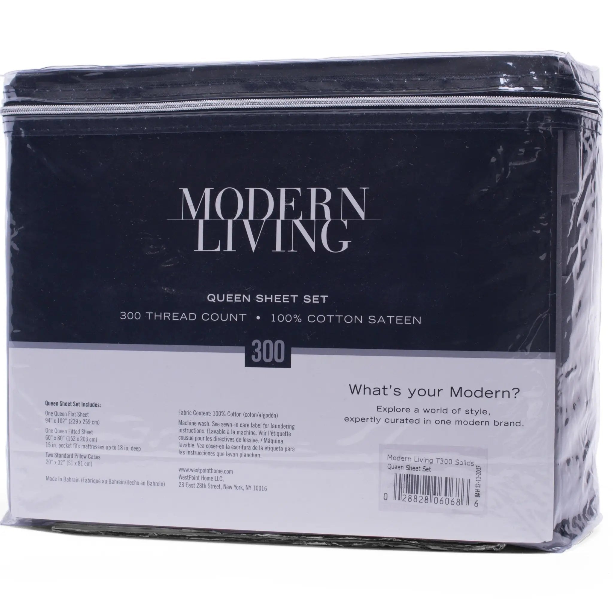 A packaged Modern Living Queen Sheet Set, 300 thread count, 100% cotton sateen, wrapped in clear plastic on a white background.