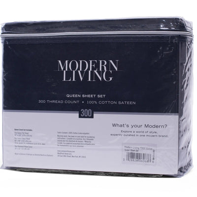 A packaged Modern Living Queen Sheet Set, 300 thread count, 100% cotton sateen, wrapped in clear plastic on a white background.
