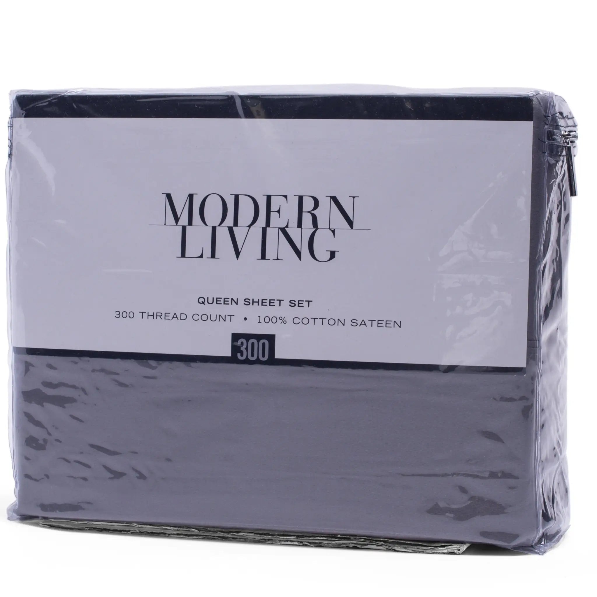 A packaged Modern Living Queen Sheet Set in dark gray, sealed in clear plastic with a white paper label showing the brand and product details.