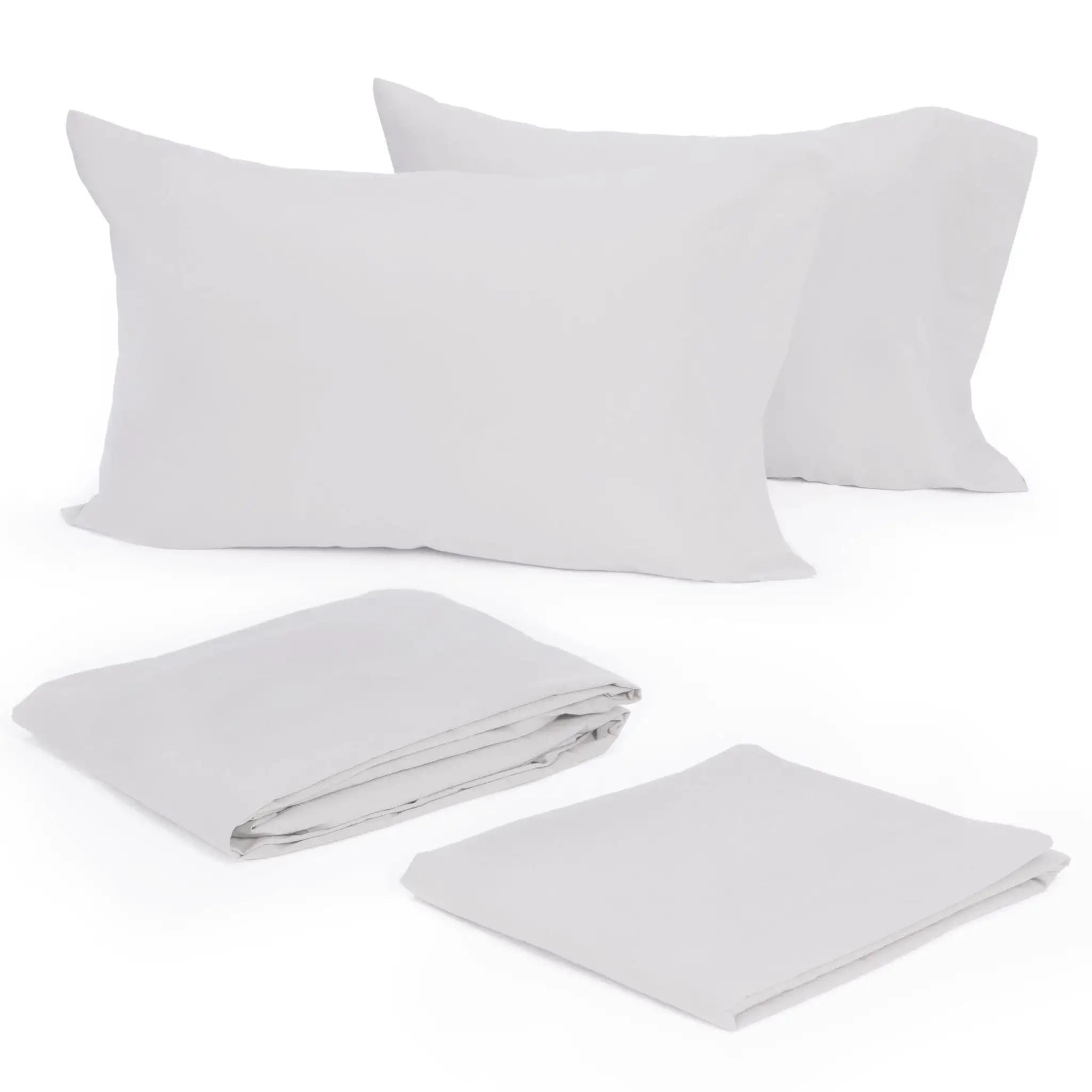 White bedding set including two pillowcases and two folded sheets on a white background.