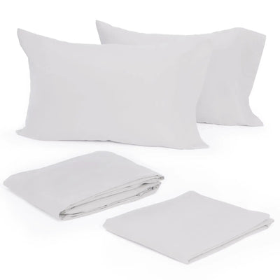 White bedding set including two pillowcases and two folded sheets on a white background.