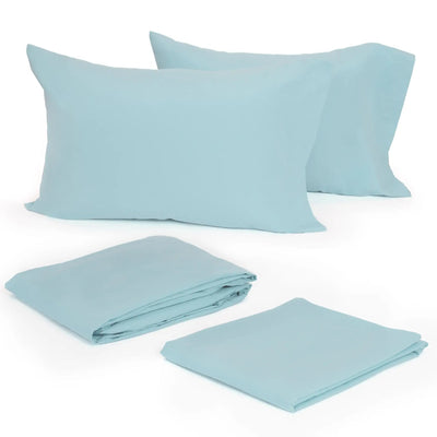 Light blue bedding set including two pillows, a duvet cover, and a fitted sheet on a white background.