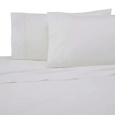 White bed sheet set with two matching pillowcases on a white background.