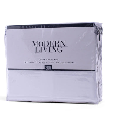 Packaged queen sheet set with 'Modern Living' branding on a white background