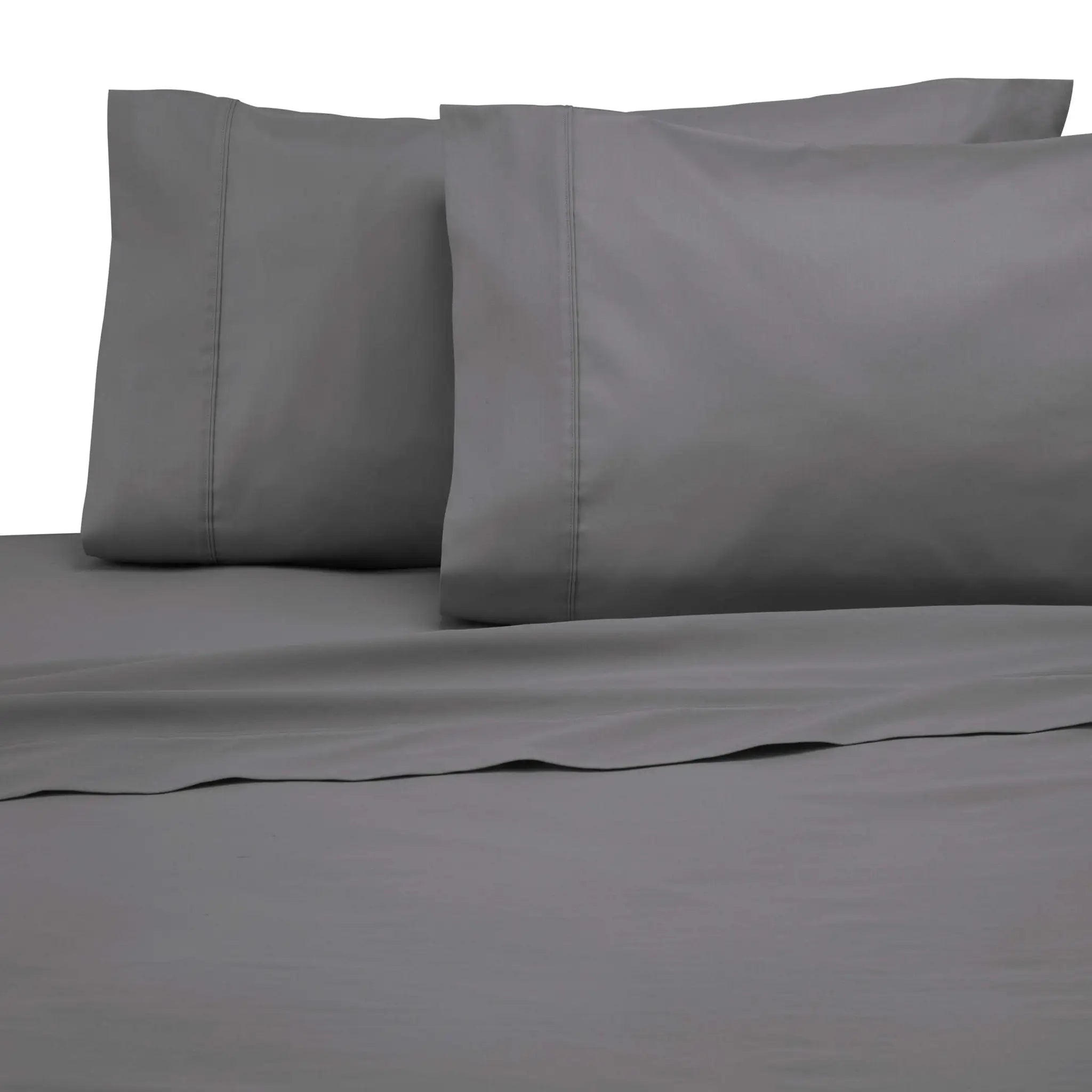 Gray bed sheets and pillowcases on a plain background