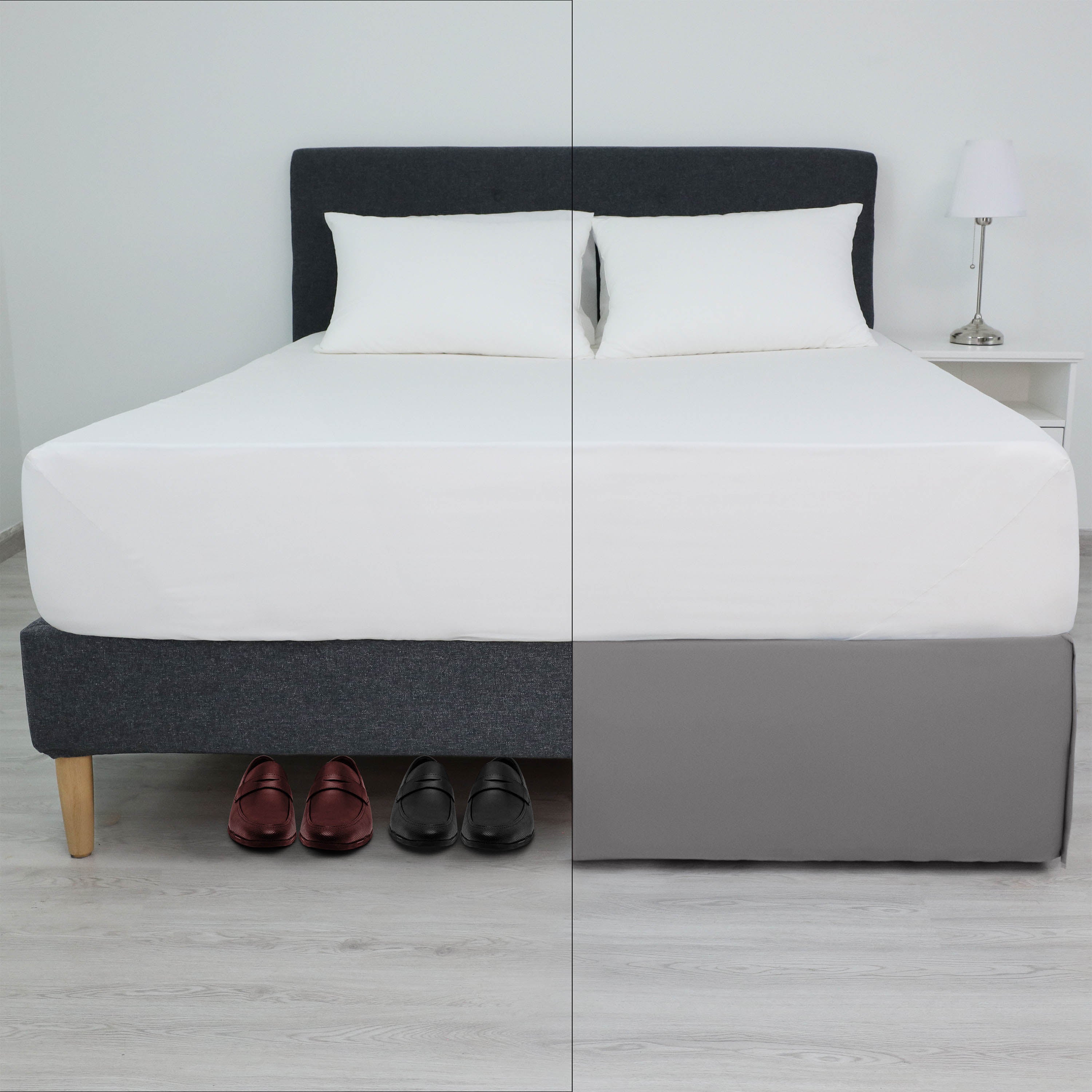 Bed with a white mattress and two pillows, featuring a dark gray upholstered headboard and a gray bed skirt, with shoes under