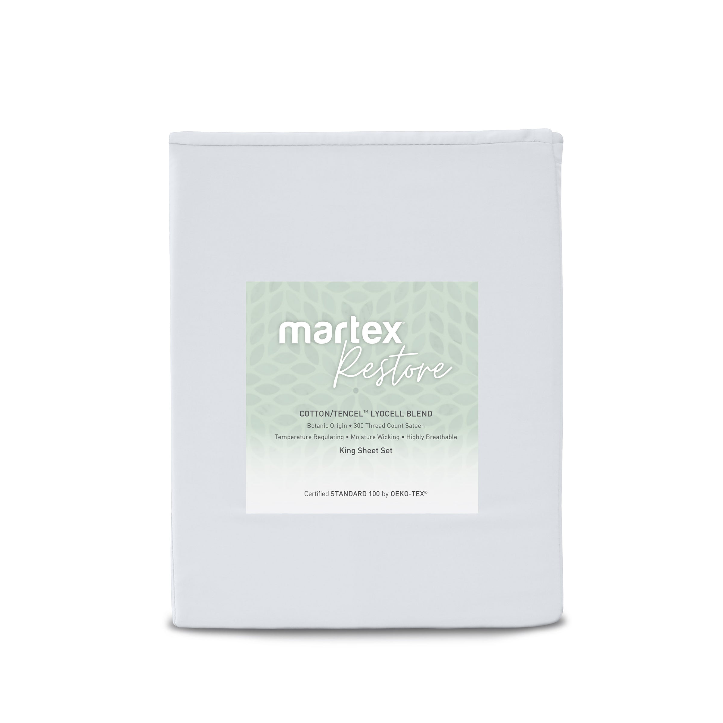 Solid light gray sheet set with a label indicating cotton and Tencel blend, designed for king-sized beds.
