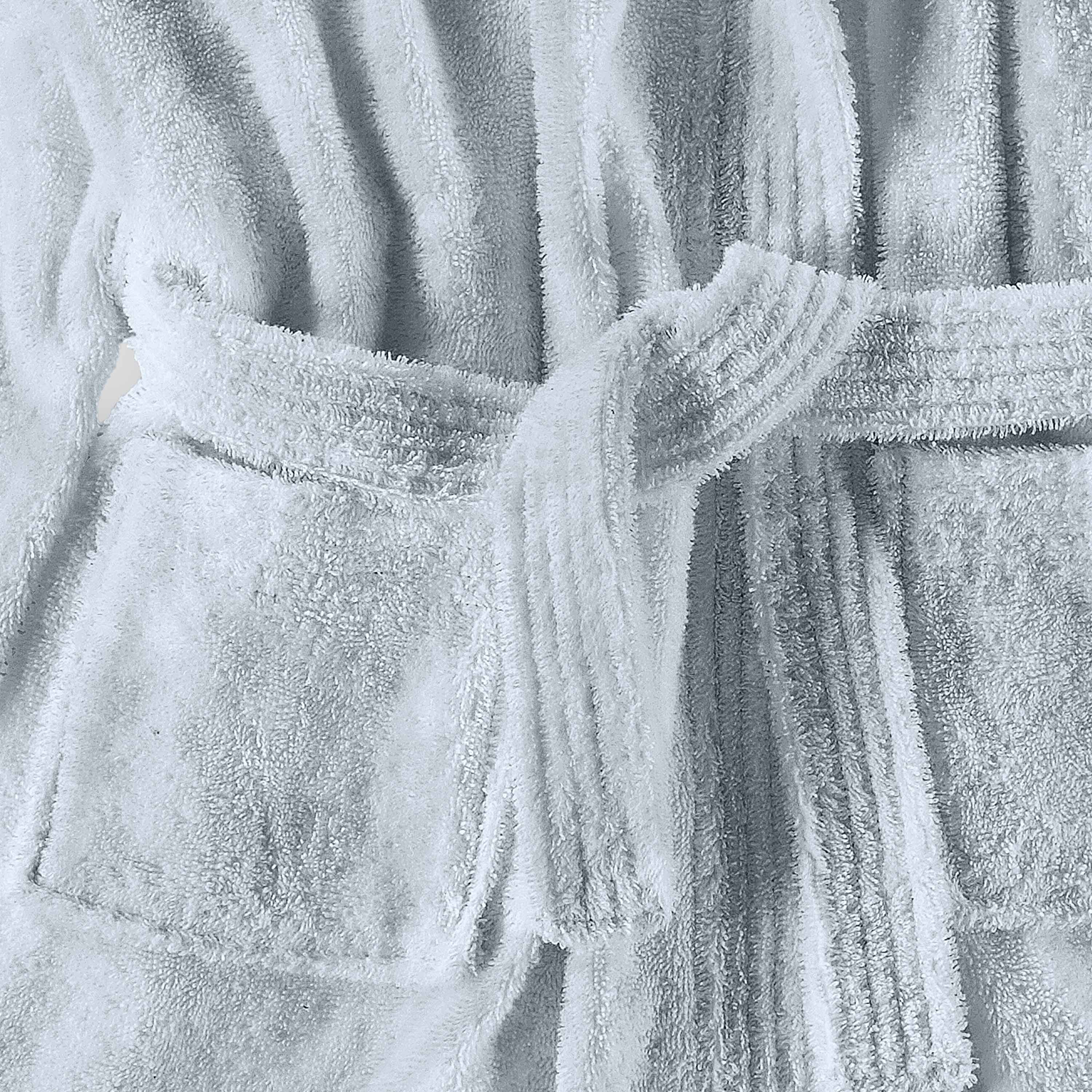 Light gray hooded bath robe with a tie belt and front pockets.