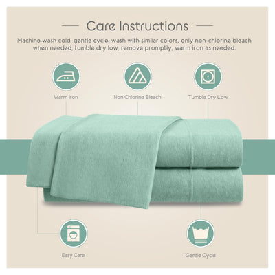 Care instructions for a soft, mint green sheet set, including washing and drying guidelines.