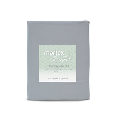 Solid gray twin sheet set with a label detailing material blend and features.