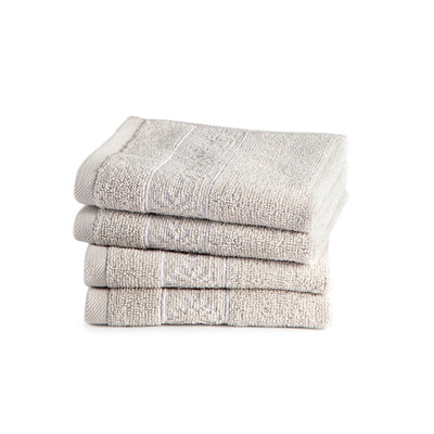 Four neatly stacked beige towels with textured fabric and a subtle striped design.