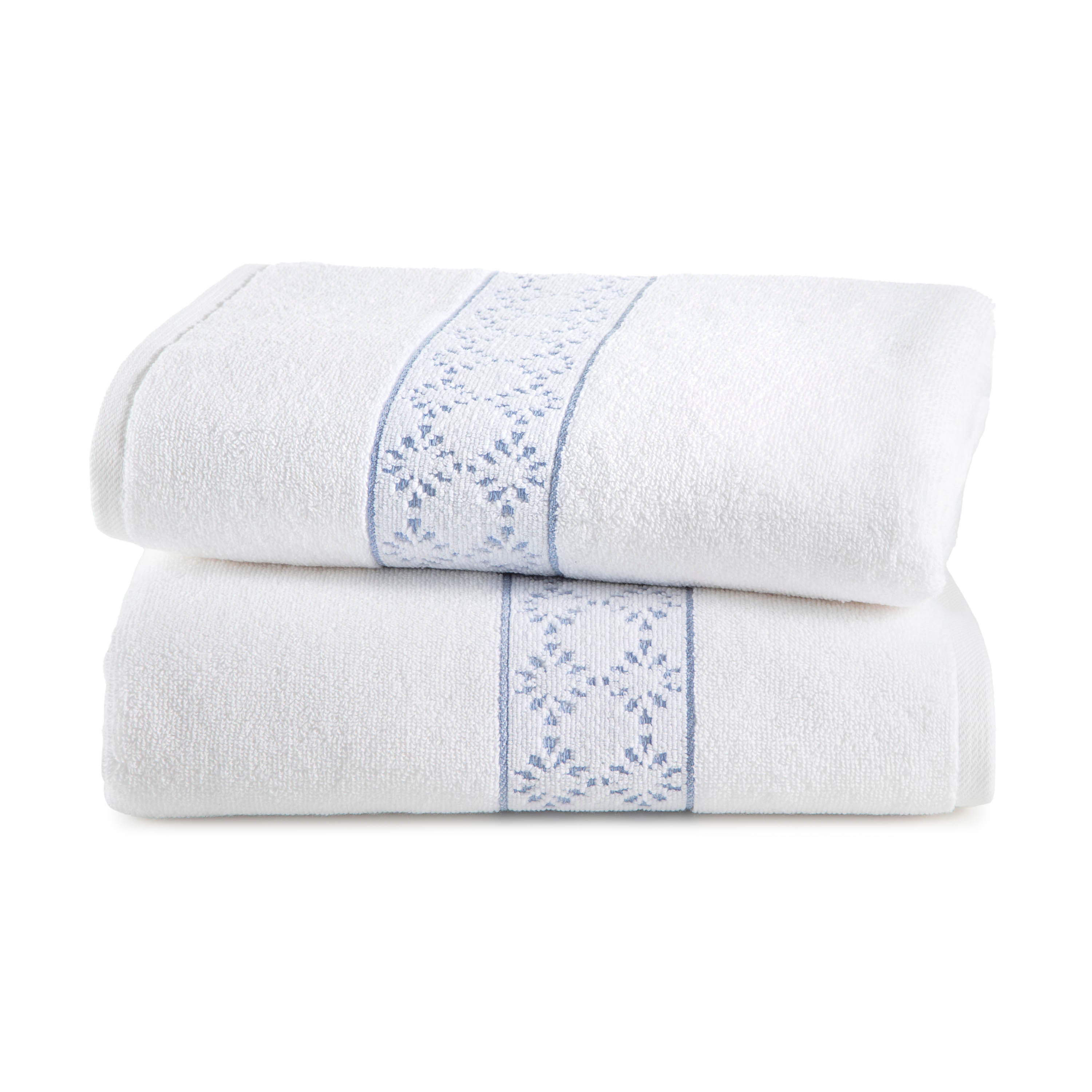 Two stacked white towels with a light blue decorative band featuring a floral pattern.