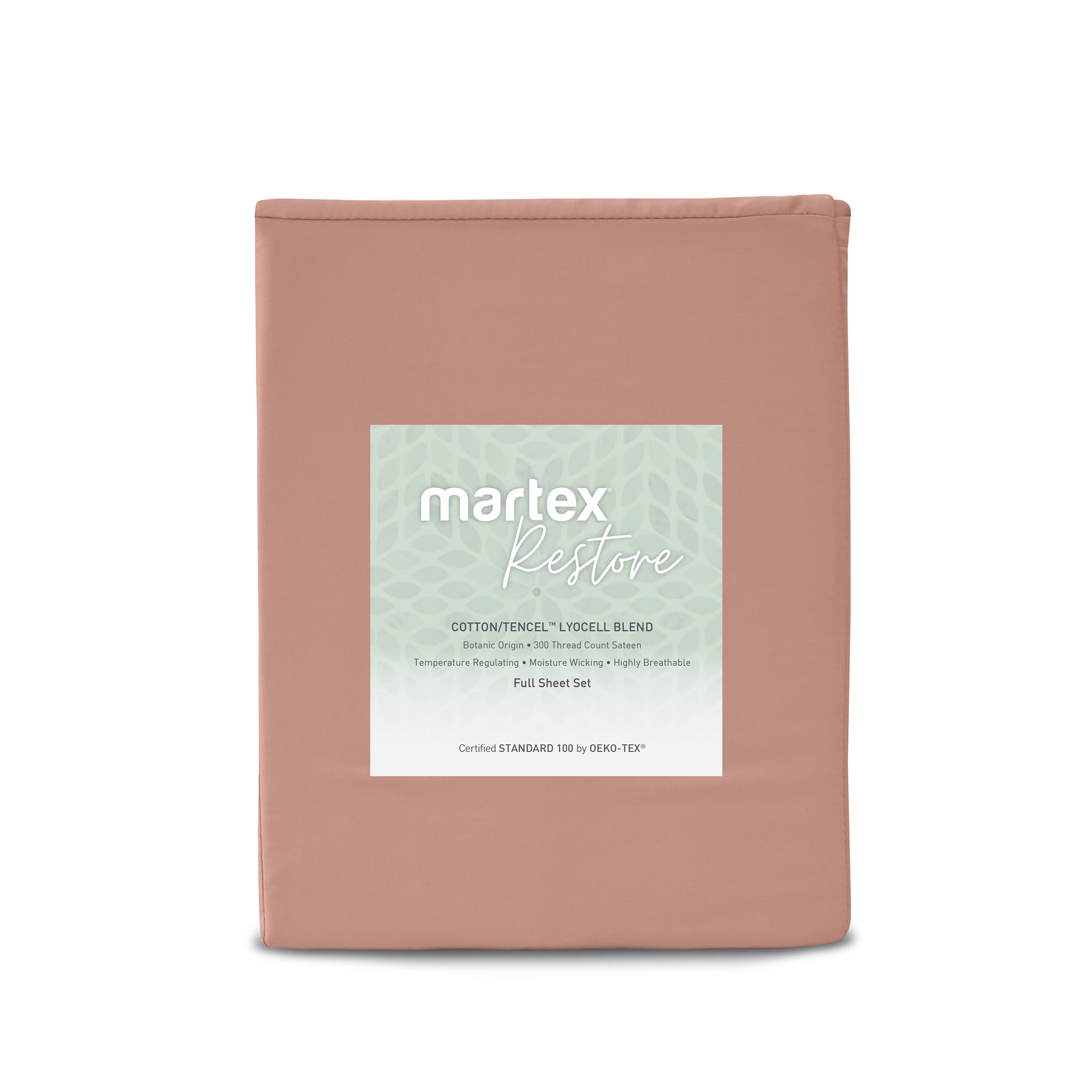 Solid peach sheet set with a label detailing material and features, packaged for retail display.