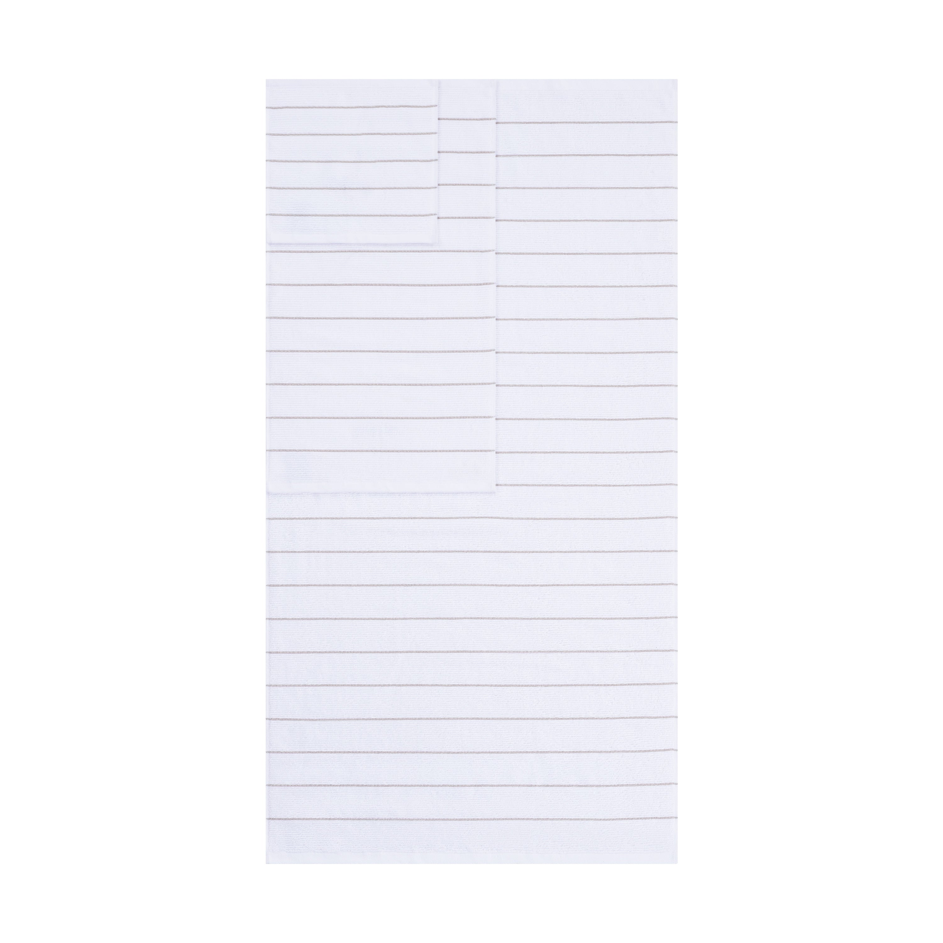 White towel with slub stripe pattern in light brown, folded with one towel on top of another.
