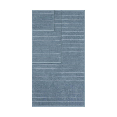Three towels in a slub stripe pattern, featuring a soft blue color and varying sizes.