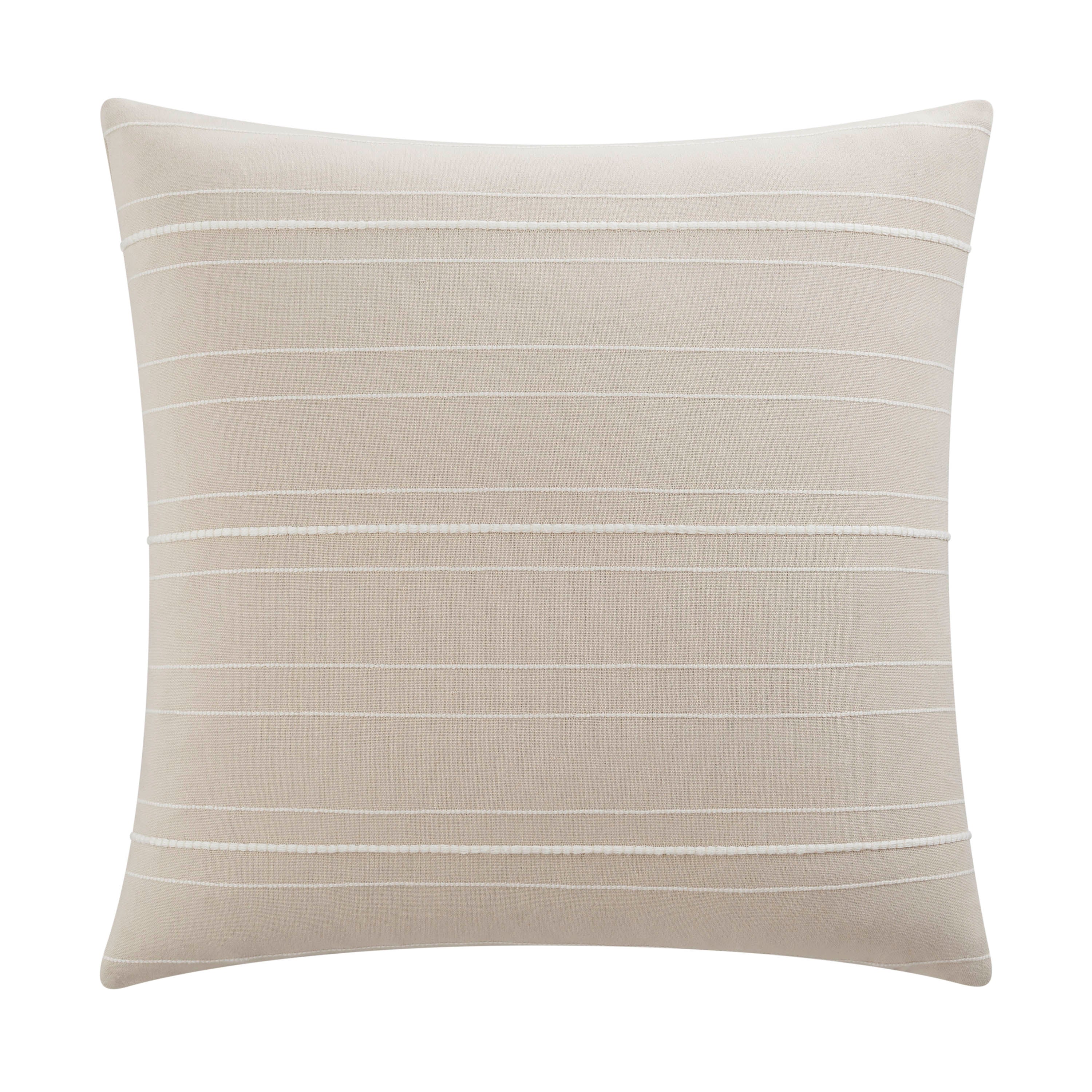 Square tan decorative pillow with white horizontal stripes and textured detailing.