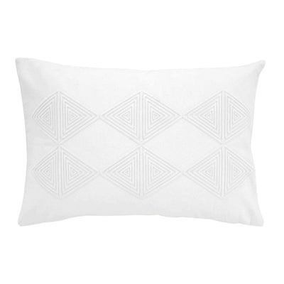 White decorative pillow with a geometric triangle pattern in a textured design.