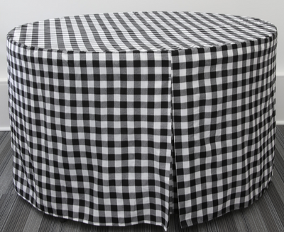 Round table cover featuring a black and white checkered pattern, designed for a 60-inch table.