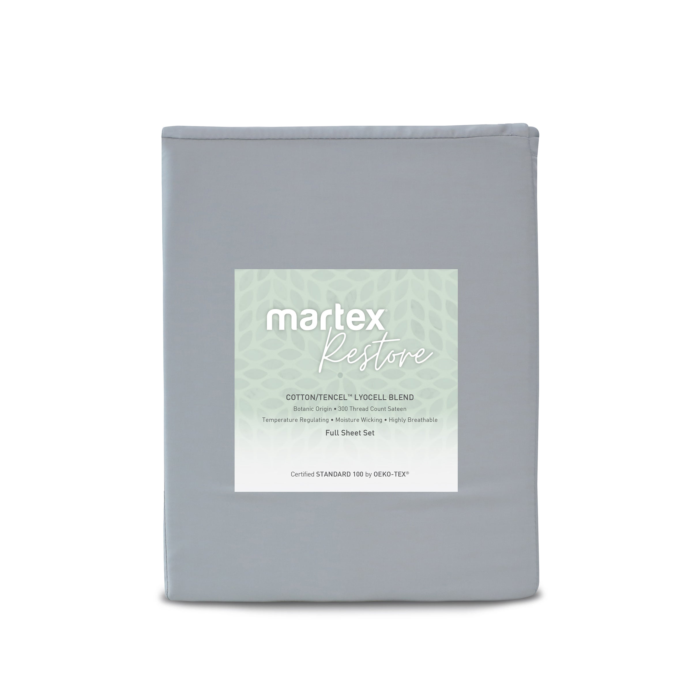 Gray sheet set packaged with a label detailing material and features, including cotton and Tencel blend.