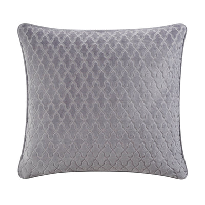 Square gray decorative pillow with a textured geometric pattern.