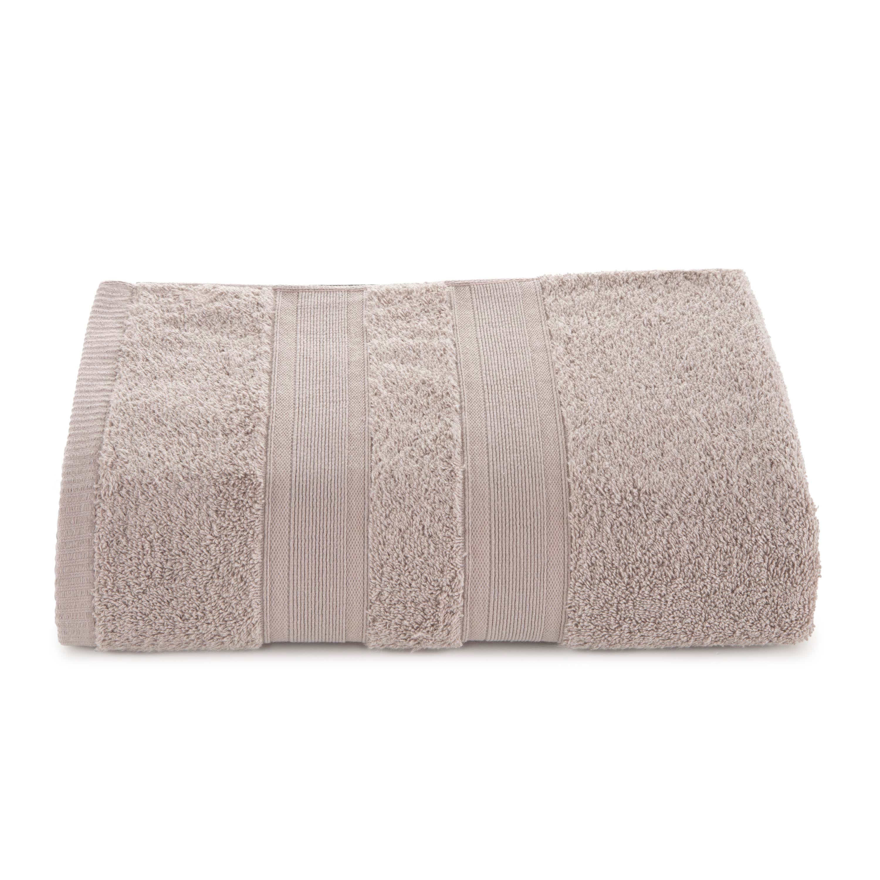Solid beige towel with textured stripes, folded neatly.