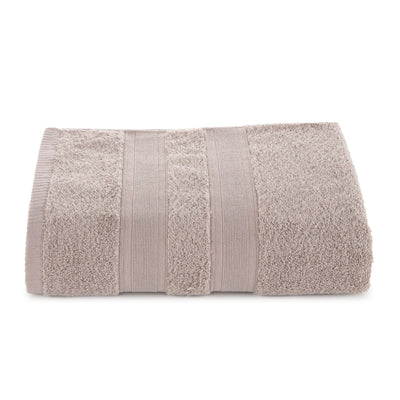 Solid beige towel with textured stripes, folded neatly.
